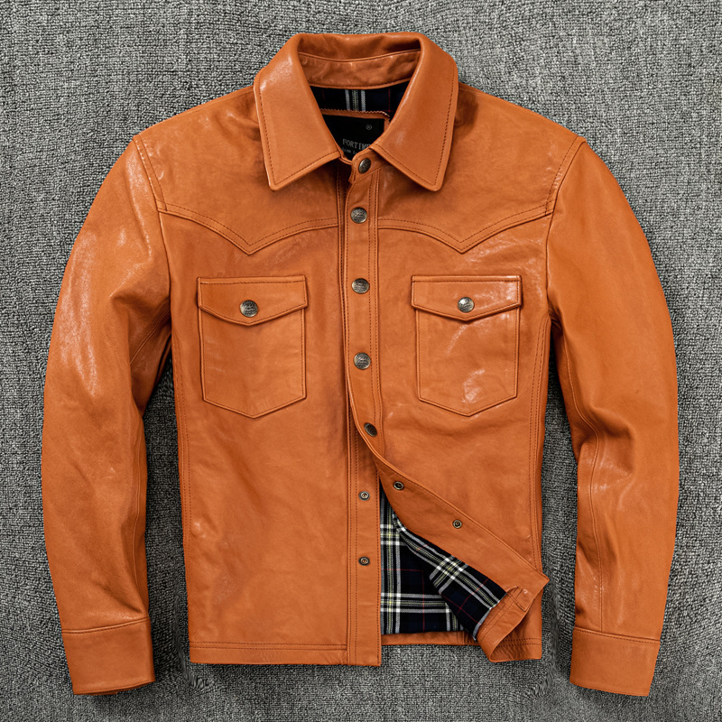 Korean Style Trendy Pure Sheepskin Genuine Leather Jacket for Men, Orange Plant-Based Lining Shirt, Slim Fit Short Shirt Leather Jacket Korean Style Trendy Pure Sheepskin Genuine Leather Jacket for Men, Orange Plant-Based Lining Shirt, Slim Fit Short Shirt Leather Jacket
