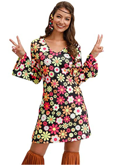 Amazon Halloween 2021 Cross-border European and American Women's Clothing 1970 s Hippie Costume Printed Dress Women