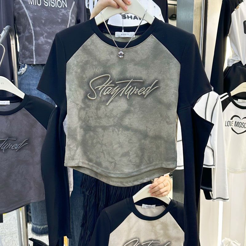 Girls' base layer shirt, new spring and autumn style, children's long-sleeved T-shirt, thin and stylish, raglan sleeve short top for medium and large children