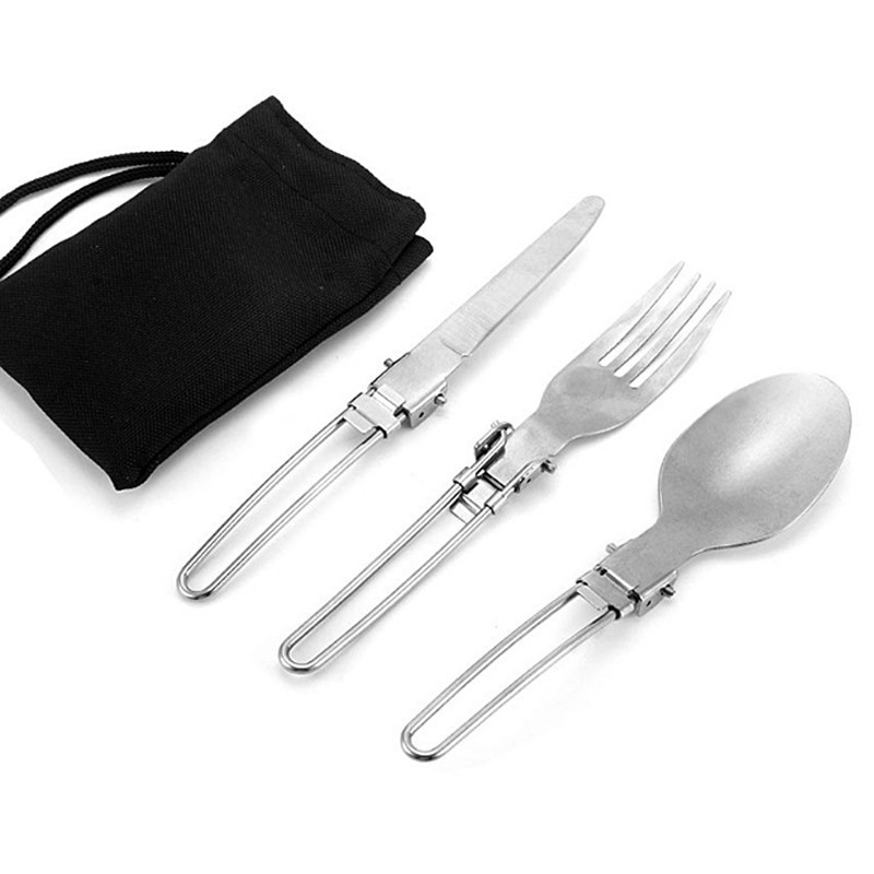 Outdoor Portable Tableware Stainless Steel Knife and Fork Spoon Tableware suit Three-piece Set Steel Wire Handle Folding Camping Tableware