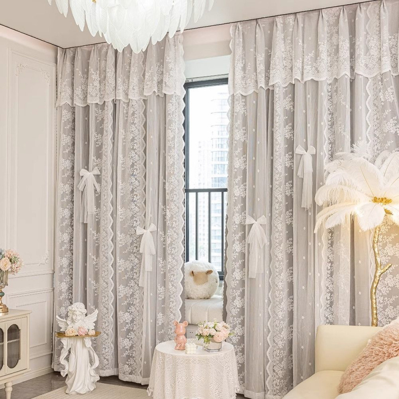 ベッドルーム布帛一体型カーテン二段ガーゼシェード2025新品リビング高级感フレンチレースプリンセス风