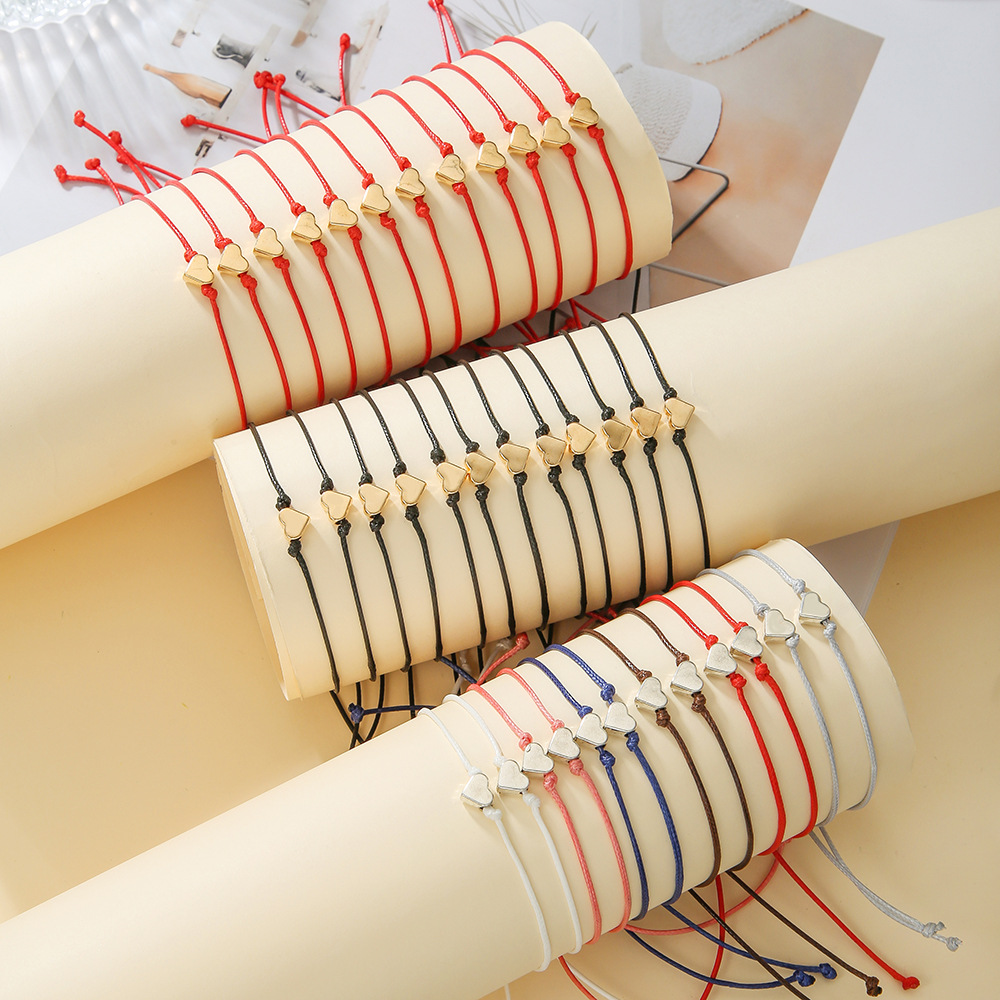 Handmade Braided Rope Bracelet, Simple and High-End, 12-Piece Set, Versatile for Work Clothing, Adjustable Wax Rope, Fashionable Heart Bracelet for Women