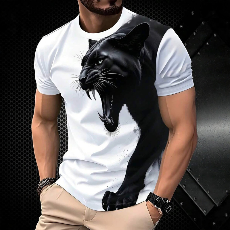 Cross-Border New Men's Short-Sleeved T-Shirt with Black Leopard Print, Outdoor Camping Casual Men's Clothing, Summer Round-Neck Personalized T-Shirt for Men
