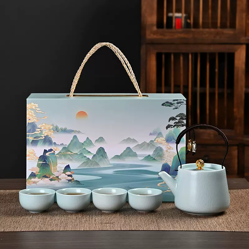 文创国潮提梁壶汝窑茶具套装整套茶壶一壶四杯陶瓷礼盒礼品伴手礼