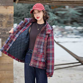 韩系红色格子宽松面包服外套女2025年冬季新款连帽学院风棉服外套