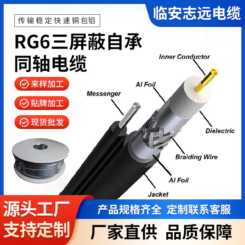 RG6三屏蔽自承同轴电缆户外架空有线电视信号线卫星信号传输线缆