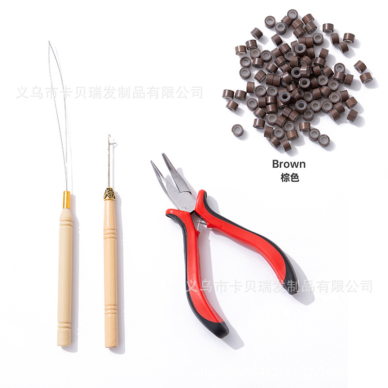빨간색 펜치 + 나무 코바늘 + 나무 실꿰기 + 머리 연장 링 100개(짙은 갈색)