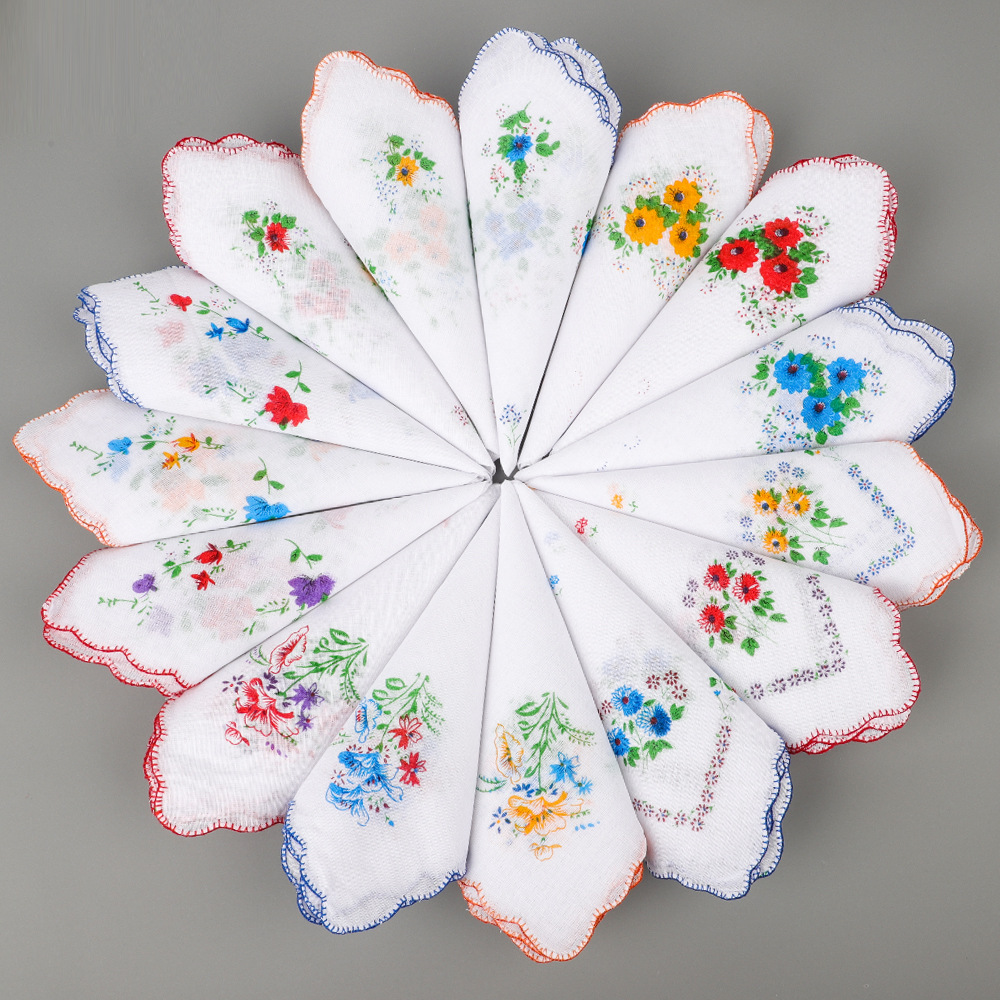 Women's Cotton Thin Handkerchief Sweat Towel Small Floral Teeth Middle-aged Nostalgic Retro Handkerchief Cross-border Explosions 28cm