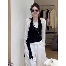 新款大码韩系挂脖吊带女秋冬季设计感胖MM遮肉显瘦打底两件套上衣