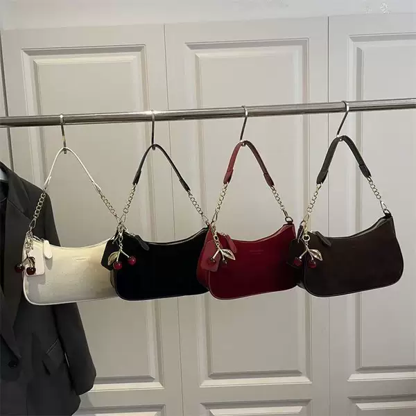 Vintage Suede Cherry Pendant Underarm Bag, Light Luxury High-End Chain Shoulder Bag, Versatile Crescent-Shaped Women's Bag for Commuting