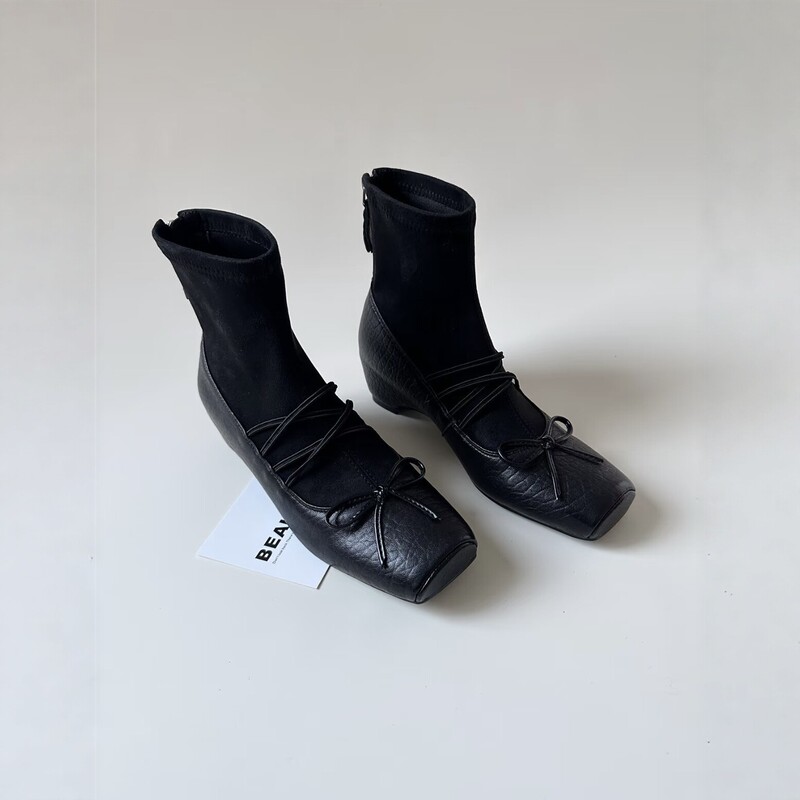 Sheepskin in-stock version~Square-toed chunky heel short boots for women, lace-up bow sock boots, new autumn and winter slimming stretch boots Sheepskin in-stock version~Square-toed chunky heel short boots for women, lace-up bow sock boots, new autumn and winter slimming stretch boots