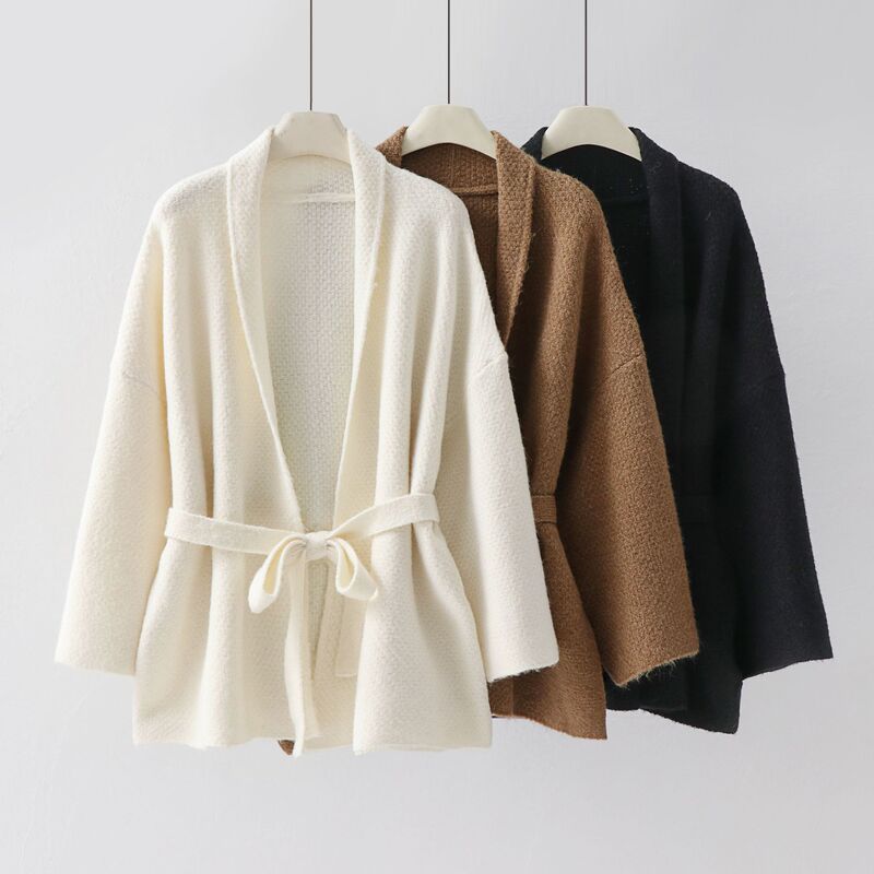 Korean Style Loose Knitted Sweater Women's Outwear Bathrobe Style Lace-Up Cardigan Simple Elegant Top Autum New Slimming Look