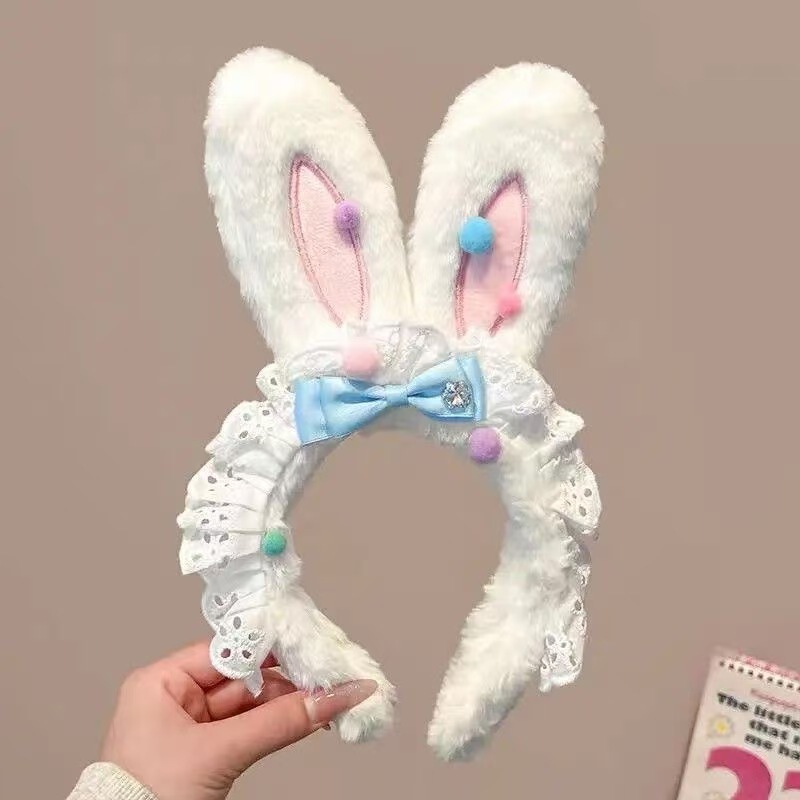 かわいいリボンウサギの耳ぬいぐるみヘッドバンドレース洗顔ヘッドバンド子供用ヘアピン 2025 新しい帽子|undefined