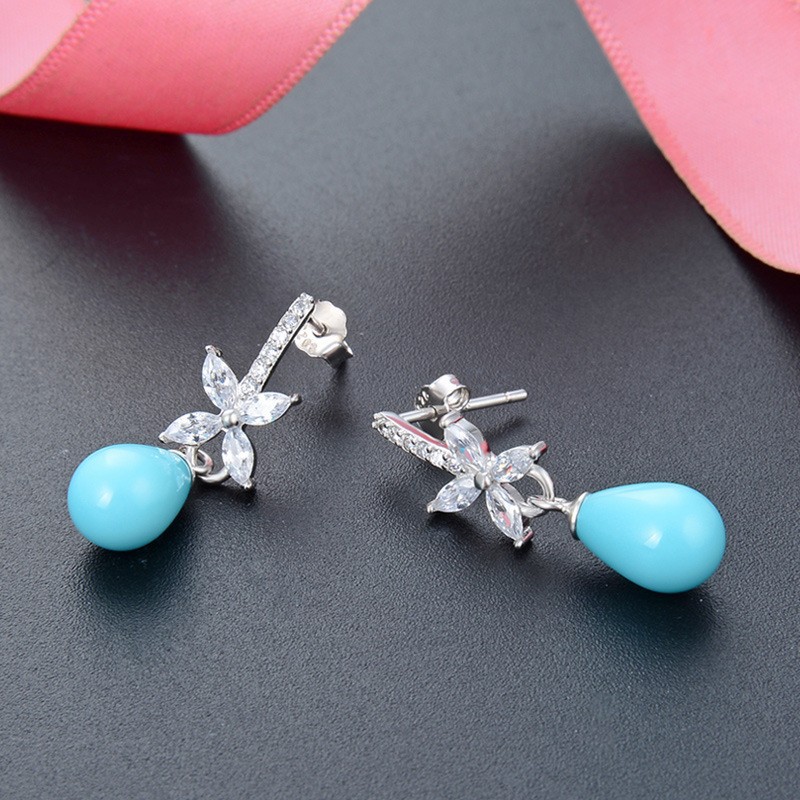 Estilo coreano Super Hada elegante flor con incrustaciones de circón pendientes mujer s925 plata esterlina trébol azul Shell perlas pendientes de perlas