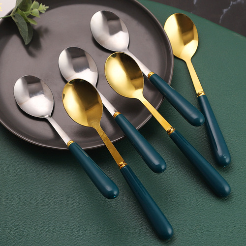 Stainless steel soup spoon with thick emerald green handle, household creative Korean-style cute long-handled spoon utensil