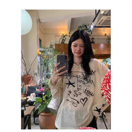 美式趣味涂鸦印花圆领长袖T恤女夏季韩系设计感薄款防晒罩衫上衣