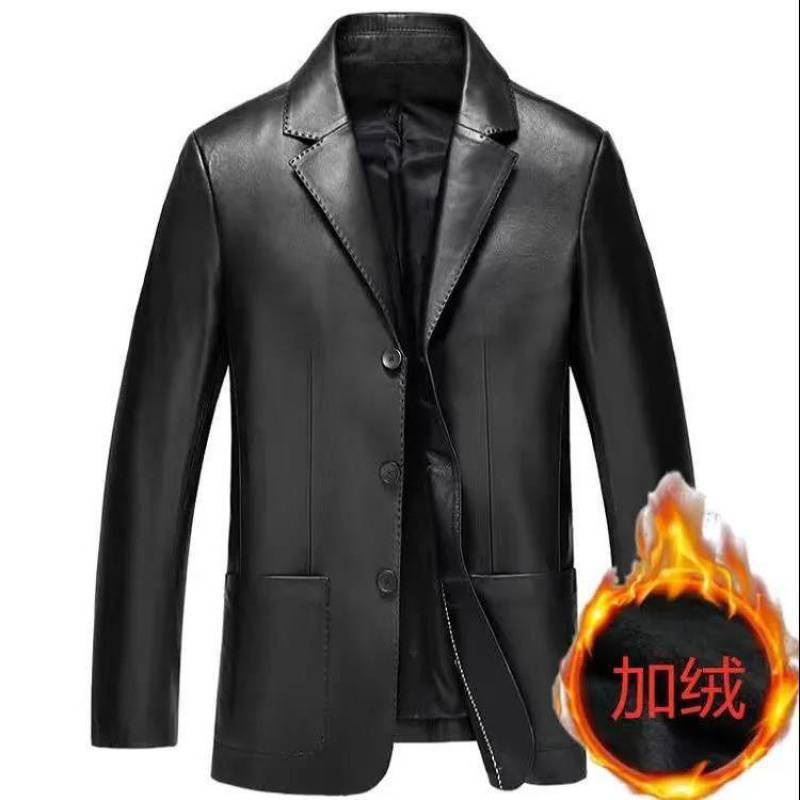 작은 세트 칼라 가죽 코트 (블랙) 기모