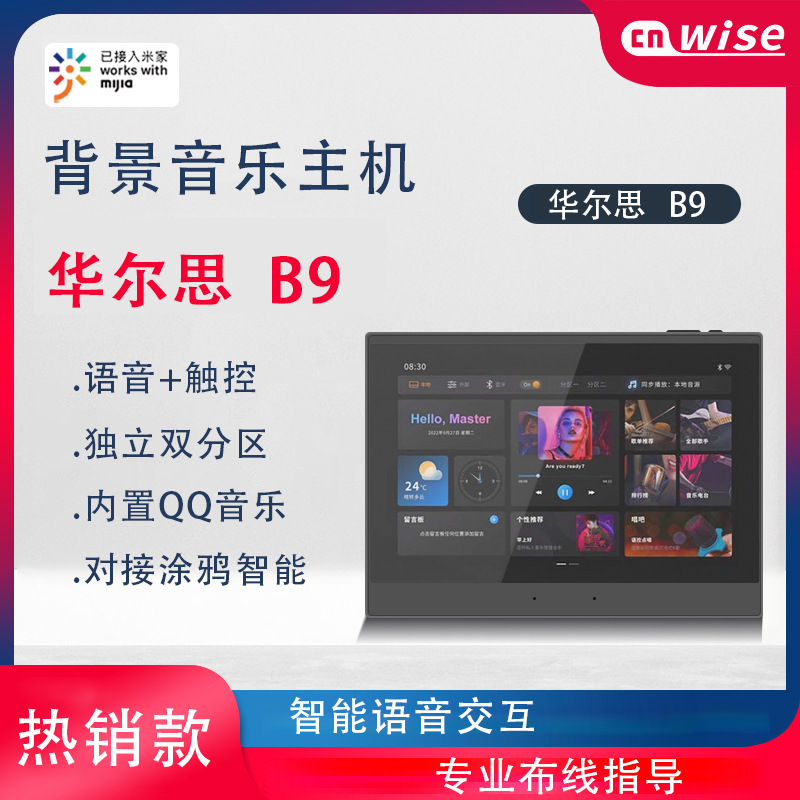 华尔思B9大屏背景音乐家居智能控制全屋吊顶音响涂鸦语音中控主机