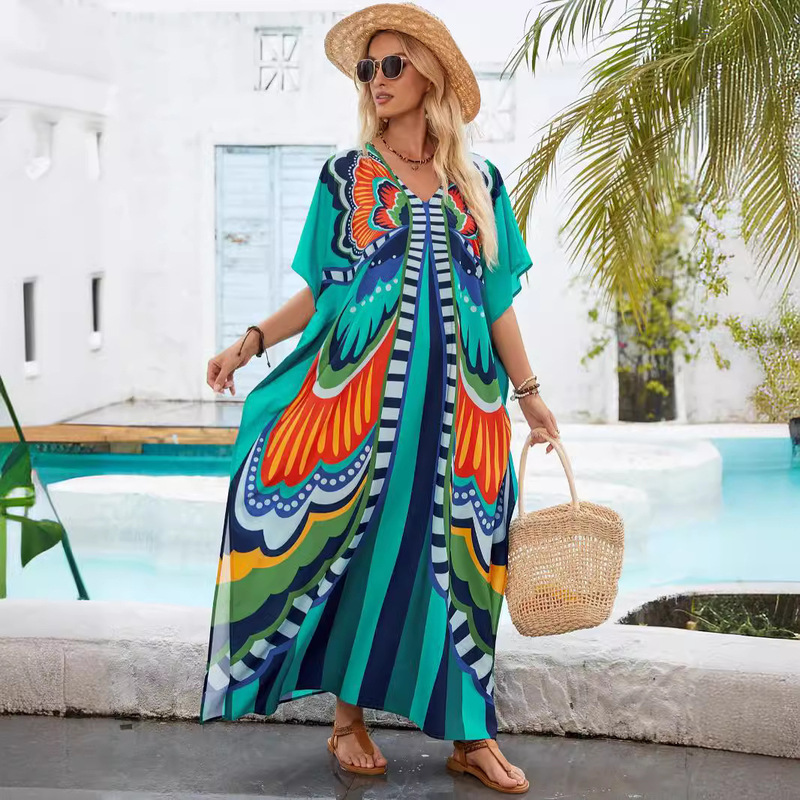 Cross-Border Foreign Trade Women's Clothing 2024 Summer Long Robe Beach Vacation Loose Dress Bikini Sun Protection Outer Cover-Up Cross-Border Foreign Trade Women's Clothing 2024 Summer Long Robe Beach Vacation Loose Dress Bikini Sun Protection Outer Cover-Up
