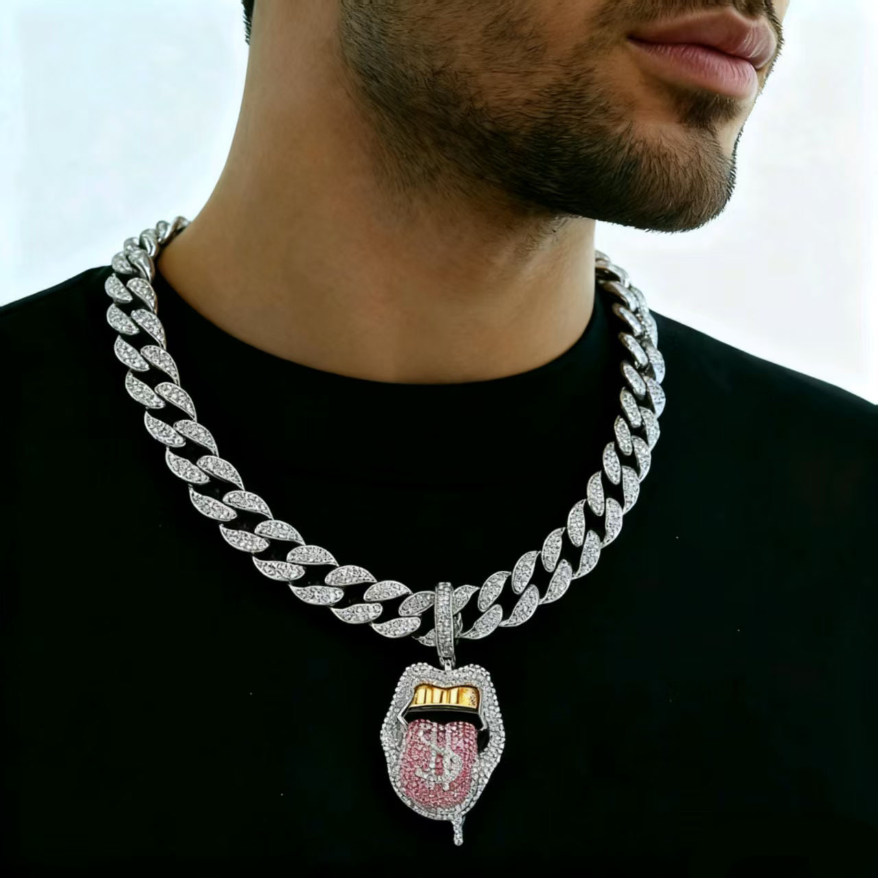 Moneda 3D peculiar de aleación, chica europea y americana, hip-hop, colgante de calavera con lengua, hebilla de reloj con diamantes, cadena cubana para clavícula