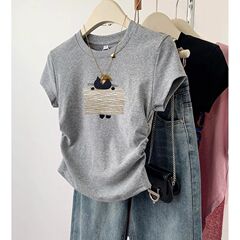2025新款灰色猫咪正肩短袖t恤女夏季设计感小衫收腰修身短上衣