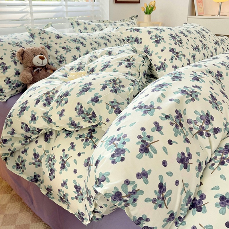 Conjunto de cama minimalista de quatro peças em algodão escovado com aloe vera para dormitório estudantil, conjunto de três peças para homens com estampa xadrez._voghion.com