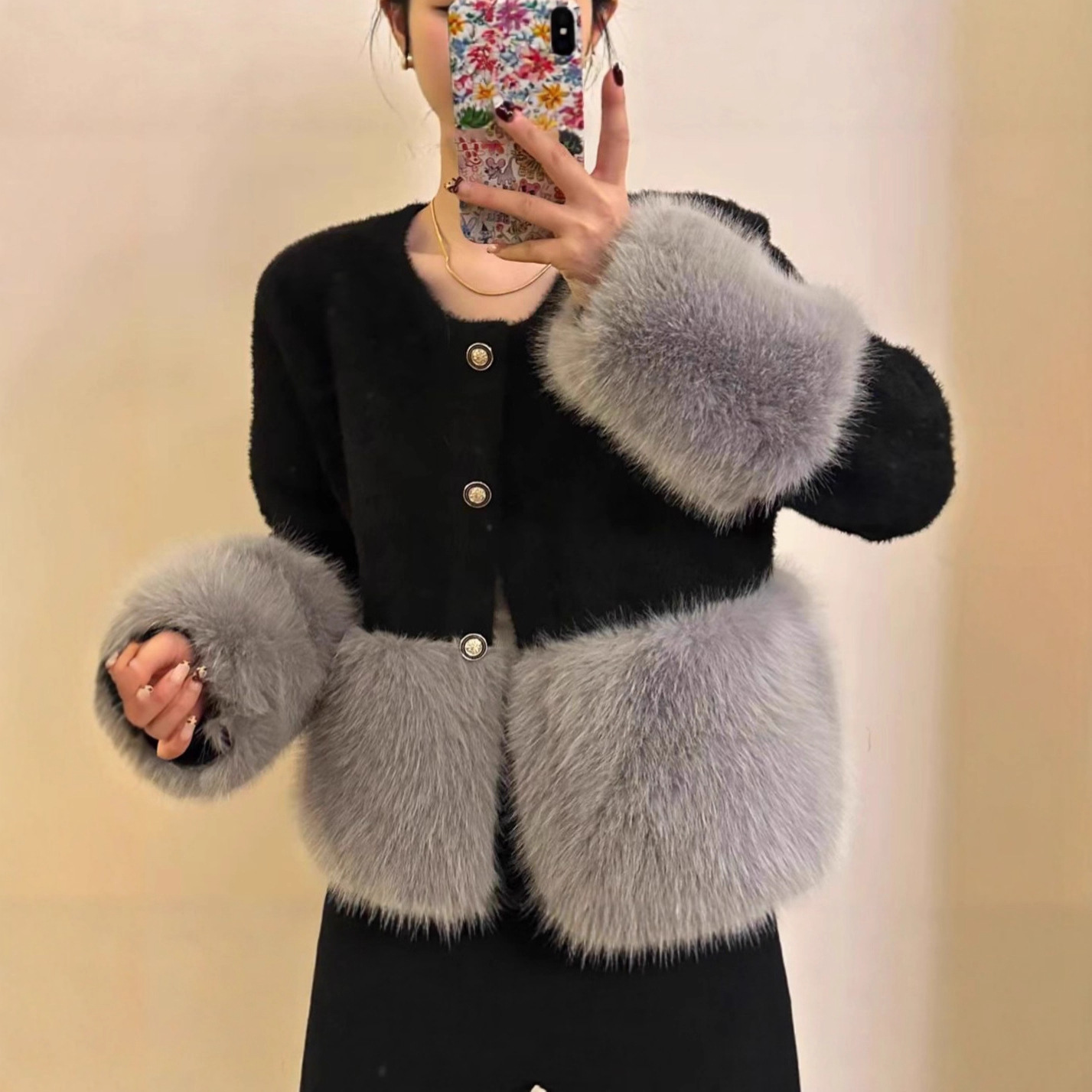 小香风毛衣外套女法式2025秋冬加厚水貂绒拼接针织开衫毛衣女秋冬