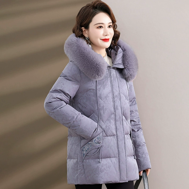 Velvet mid-length down jacket for mother, duck down filling, western style, warm