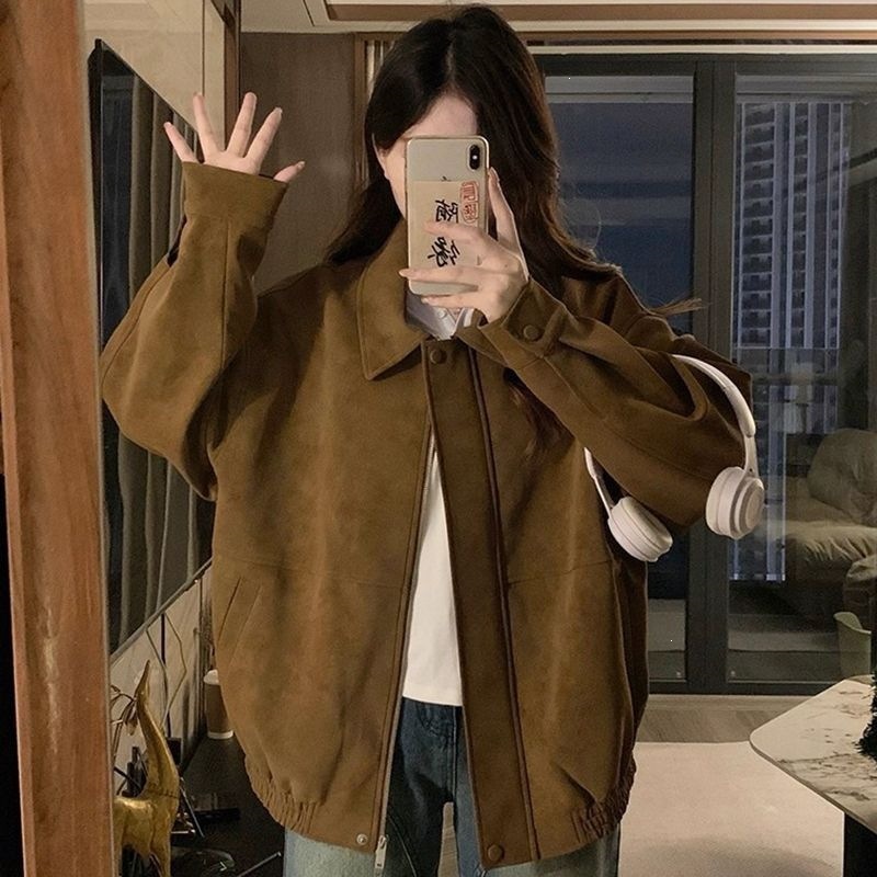 原版做法美式麂皮绒翻领外套女秋冬宽松时尚加厚棕色休闲夹克上衣