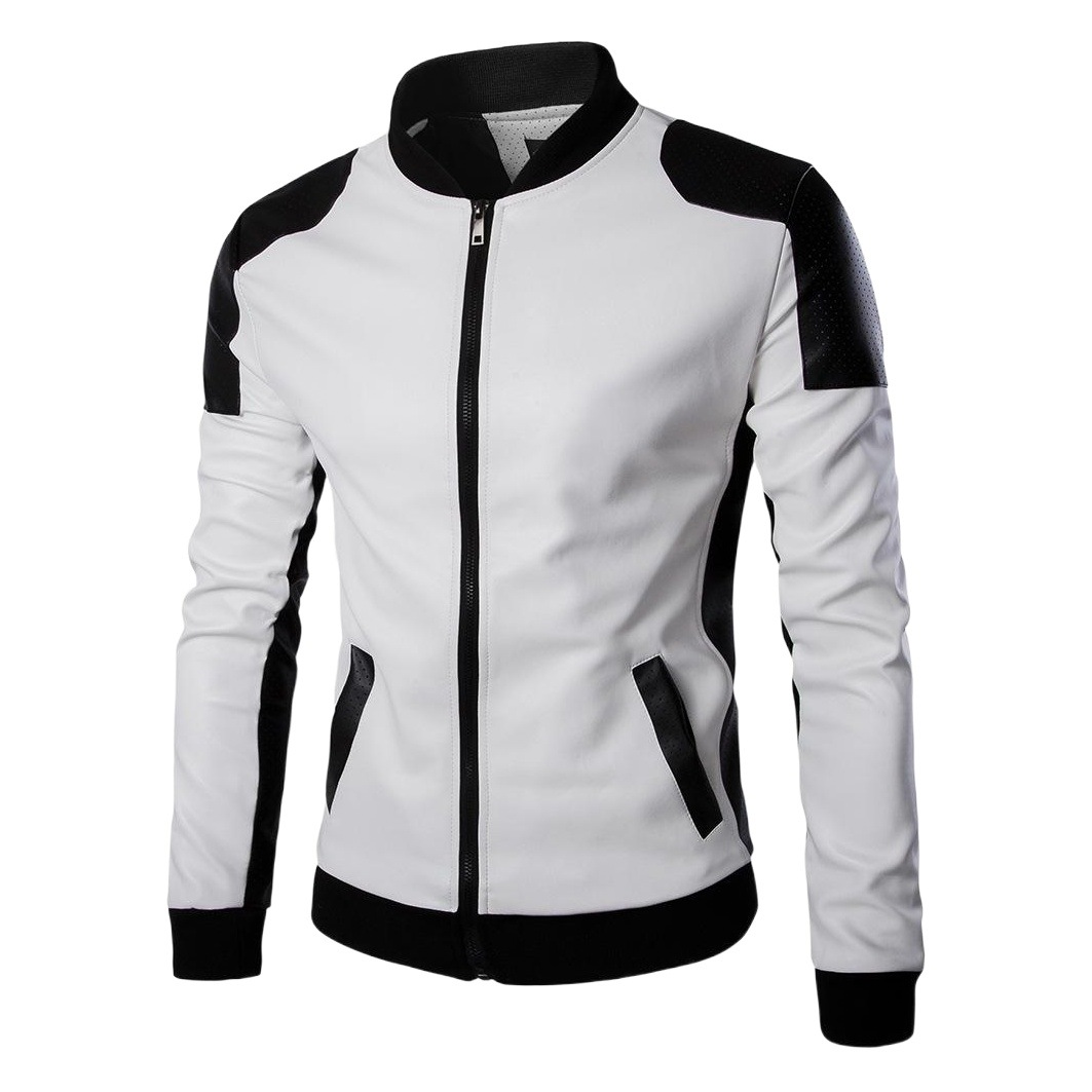 Cruzar la frontera de los nuevos hombres de pie collar de cuero de moda de color blanco y negro a juego más tamaño abrigo de cuero M-5XL Y668