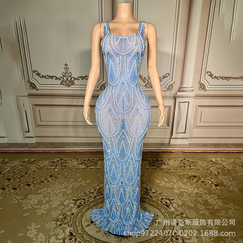 New Milk Blue Gentle White Tight Waist Evening Dress Awards Ceremony Host Dress Miss Universe Beauty Pageant Dress