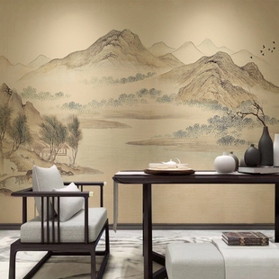 ✅Jh Chinese antique ink landscape painting wall cloth living room TV background wall wallpaper simple and elegant Zen bedroom study