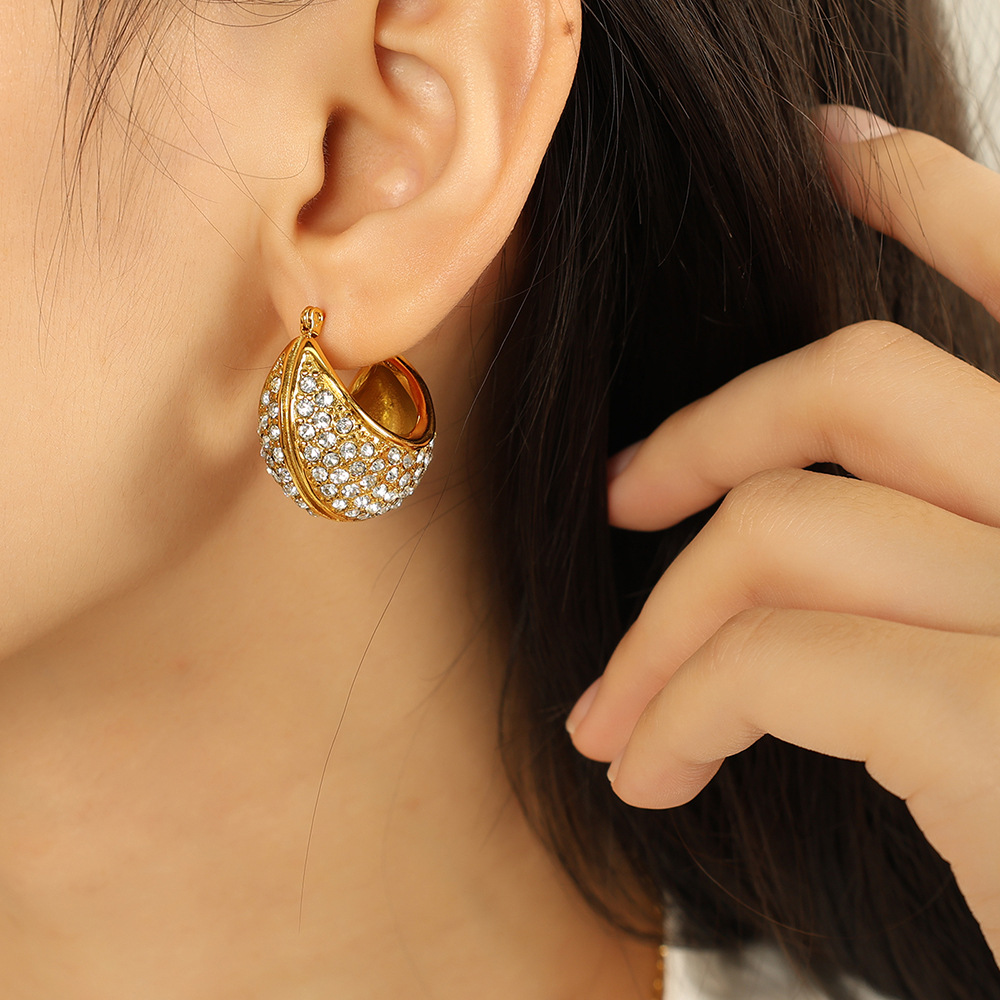 1 Pair Luxurious Series Classic Geometric Stainless Steel 18K Gold Plated Rhinestone Women Hoop Earrings Picture9