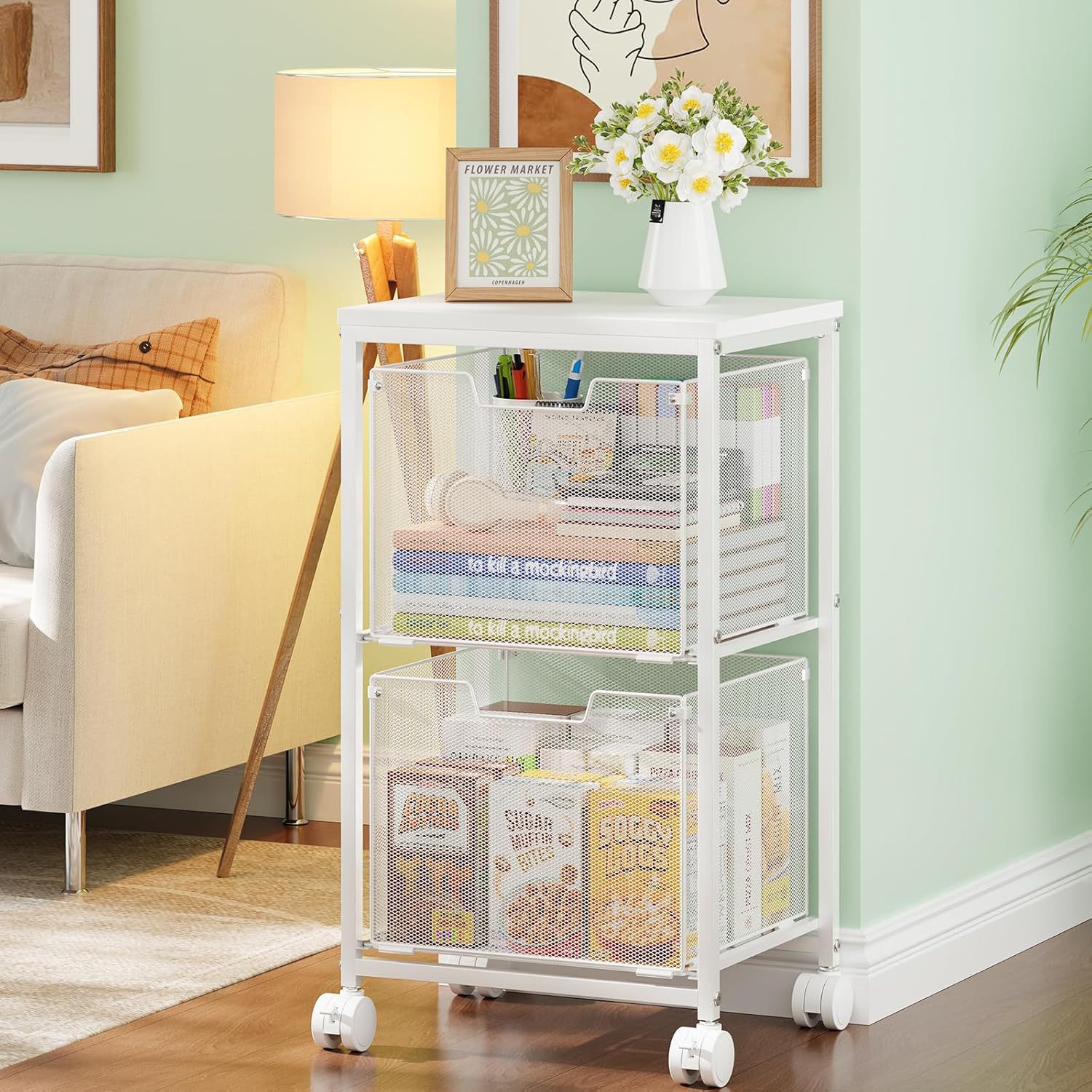 Cross-border large-capacity movable file cabinet for home office, multifunctional storage cart with drawers, file trolley