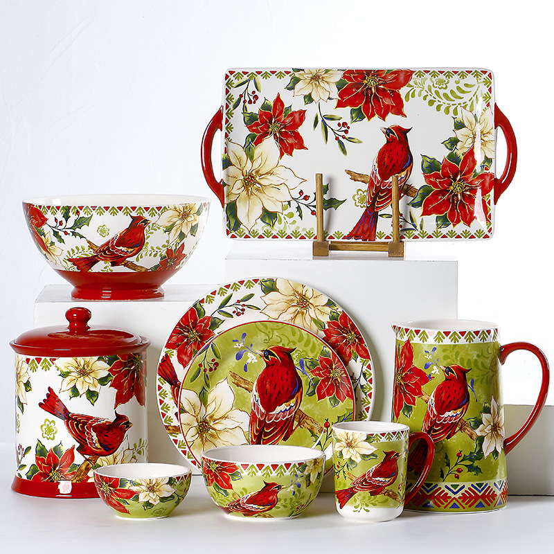 European and American Style Plate Creative Christmas Red Bird Plate Hand-painted Flat Plate Distinctive Rectangular Tray Underglaze Color