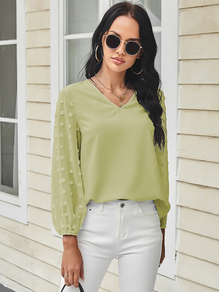 Solid Color V-Neck Lantern Long-Sleeved Chiffon Casual Blouse NSAL72745