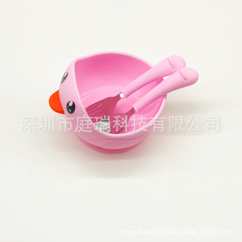 Cuenco de silicona pato suplemento alimenticio Tazón traje 316 tenedor cuchara lindo pollo lechón tazón de bebé resistente a la caída Tazón de cuchara traje