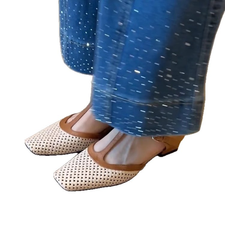 Piel de oveja ~ Sandalias y zapatillas huecas tejidas con punta cuadrada de fondo suave retro a juego de color con correa en T