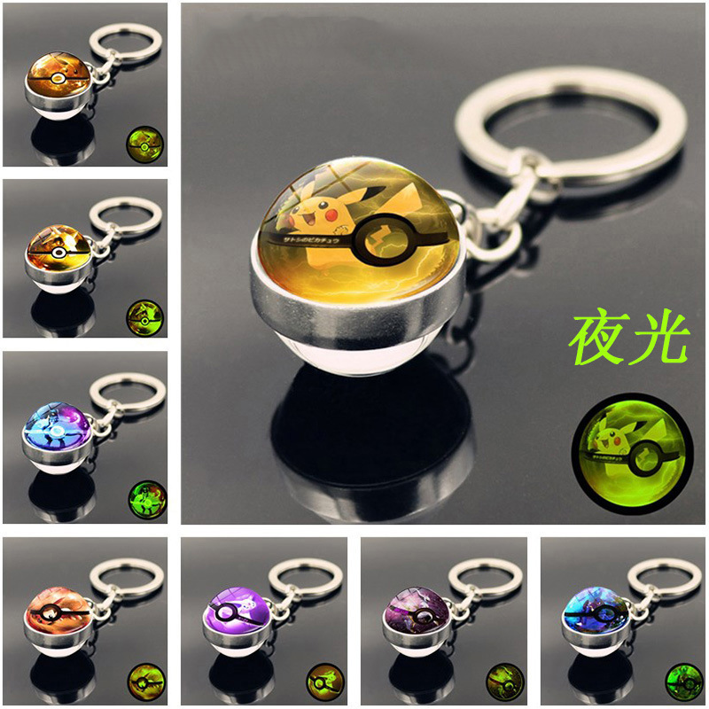 Pokemon Pikachu luminous keychain pendant double-sided glass ball pendant metal key chain schoolbag pendant