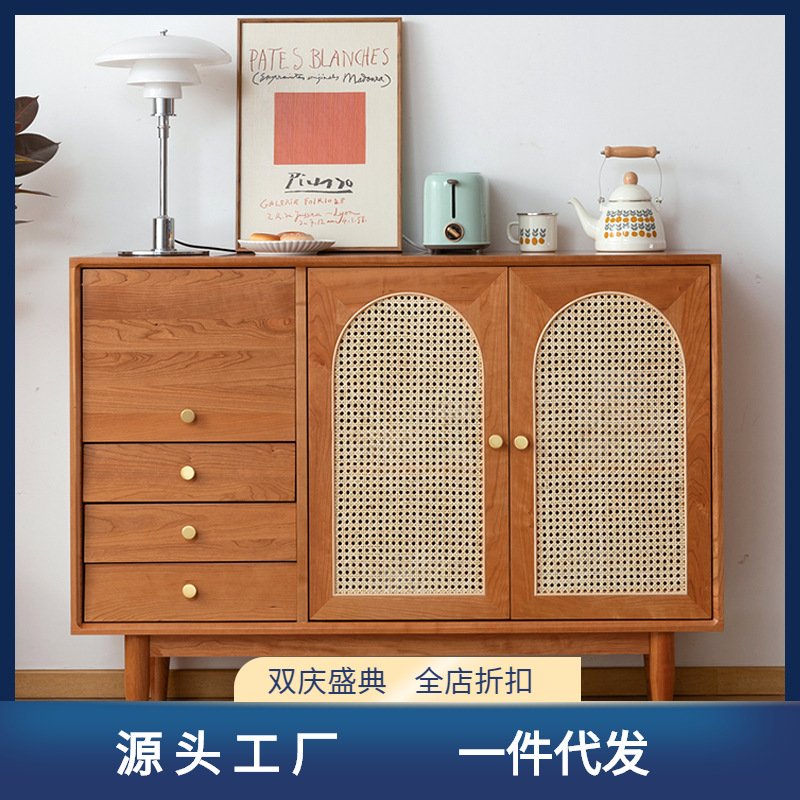 Japanese-style sideboard with solid cherry wood and rattan, Nordic living room antique storage cabinet, oak bowl cabinet, tea cabinet