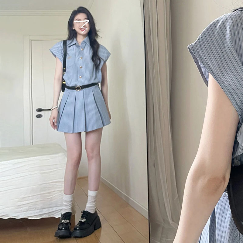 学院风蓝色条纹衬衫连衣裙子女收腰显瘦气质设计感小众百褶短裙夏