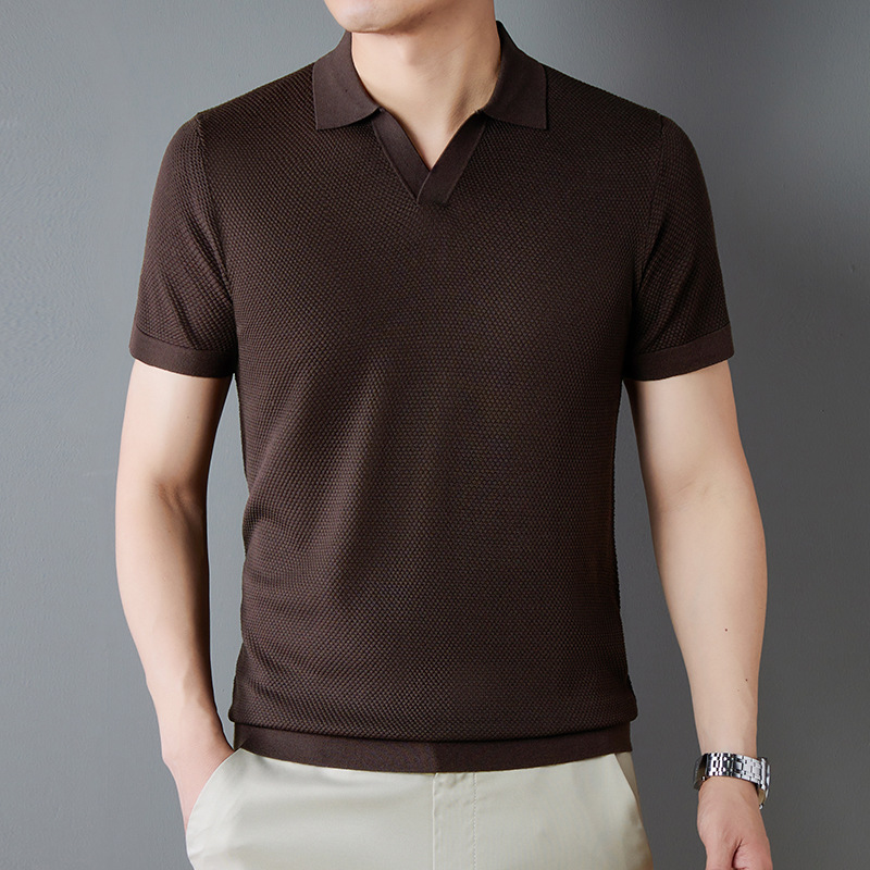 Summer New Men's Clothing [Ice Silk Cotton] [Extra Imported Yarn] Knitted Short-Sleeved Scissor Collar Polo Shirt