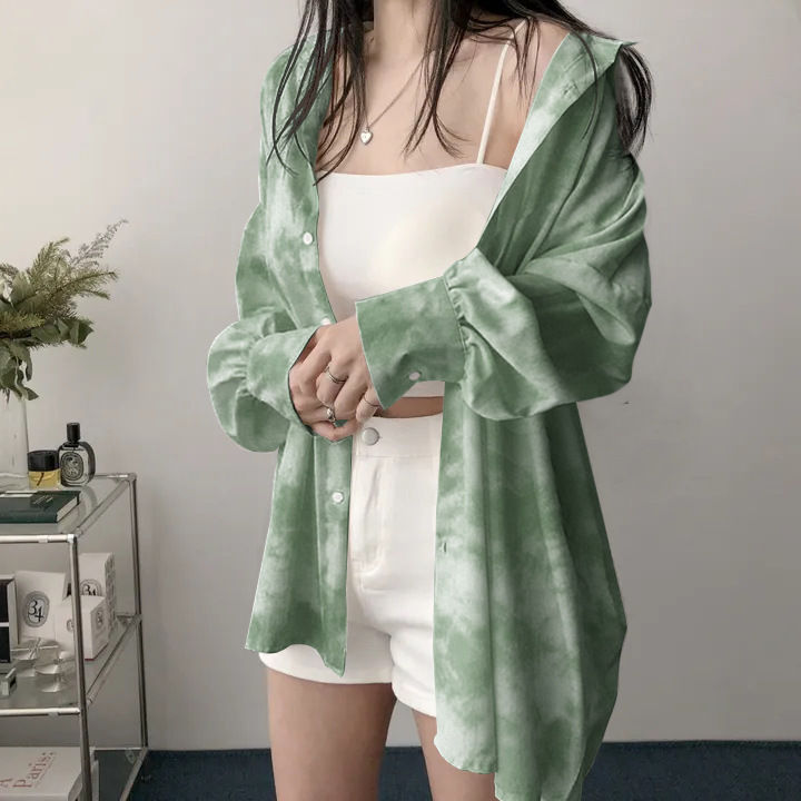 Green Cross-Border Printed Spring and Autumn Wholesale Shirts for Women, European and American Korean Style Casual Loose Long-Sleeve Shirts with Sun Protection and Sleeves Green Cross-Border Printed Spring and Autumn Wholesale Shirts for Women, European and American Korean Style Casual Loose Long-Sleeve Shirts with Sun Protection and Sleeves