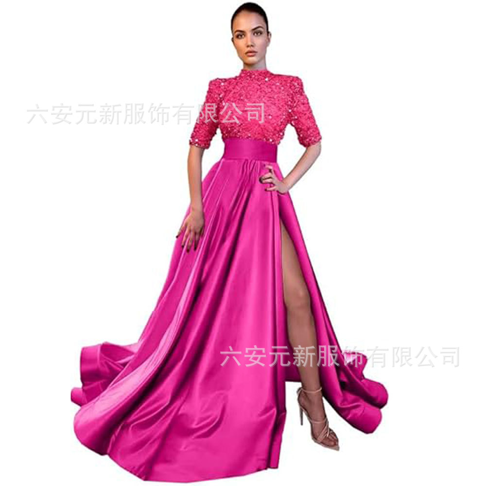 Europeo y americano Amazon AliExpress vestido de fiesta media manga lentejuelas satén vestido de noche A-line vestido de fiesta de hendidura image 13