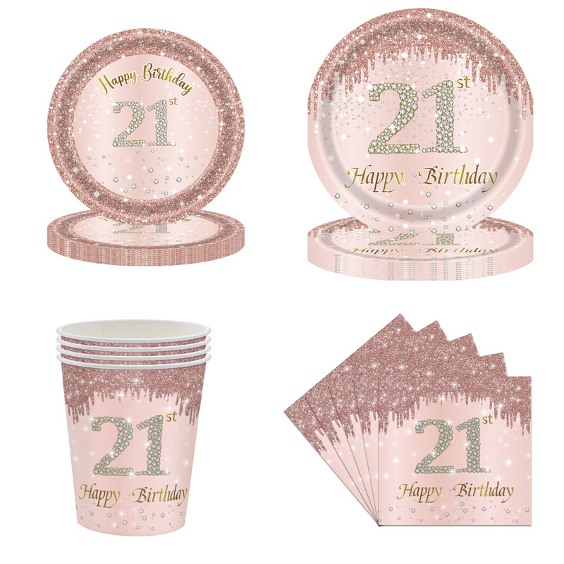 New pink diamond birthday party supplies 21 year old girl birthday party tableware set paper towel paper plate tablecloth