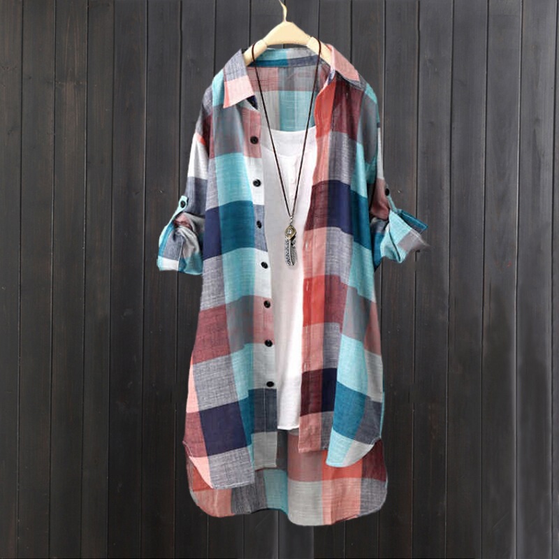 Cross-Border Cotton and Linen Shirt, Mid-Length Plaid Top, Long-Sleeved Design, Sun Protection Shirt, Versatile Shirt