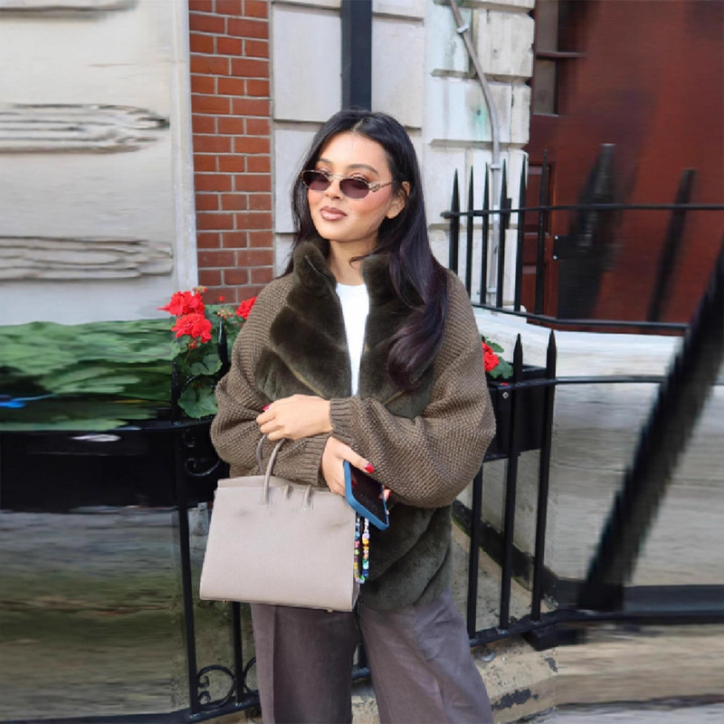 Long-Sleeve Coat with Eco-Friendly Fur Patchwork, Stylish and Warm, with Fur Collar, Women's European and American Cross-Border Fashion, New Versatile Style