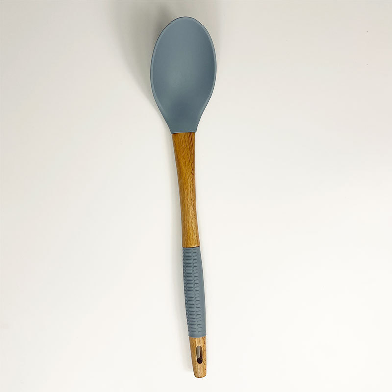 Juego de 7 piezas de pala de silicona de cocina, mango de madera maciza, pala antiadherente, cuchara de sopa, juego de cerca, stock de fábrica
