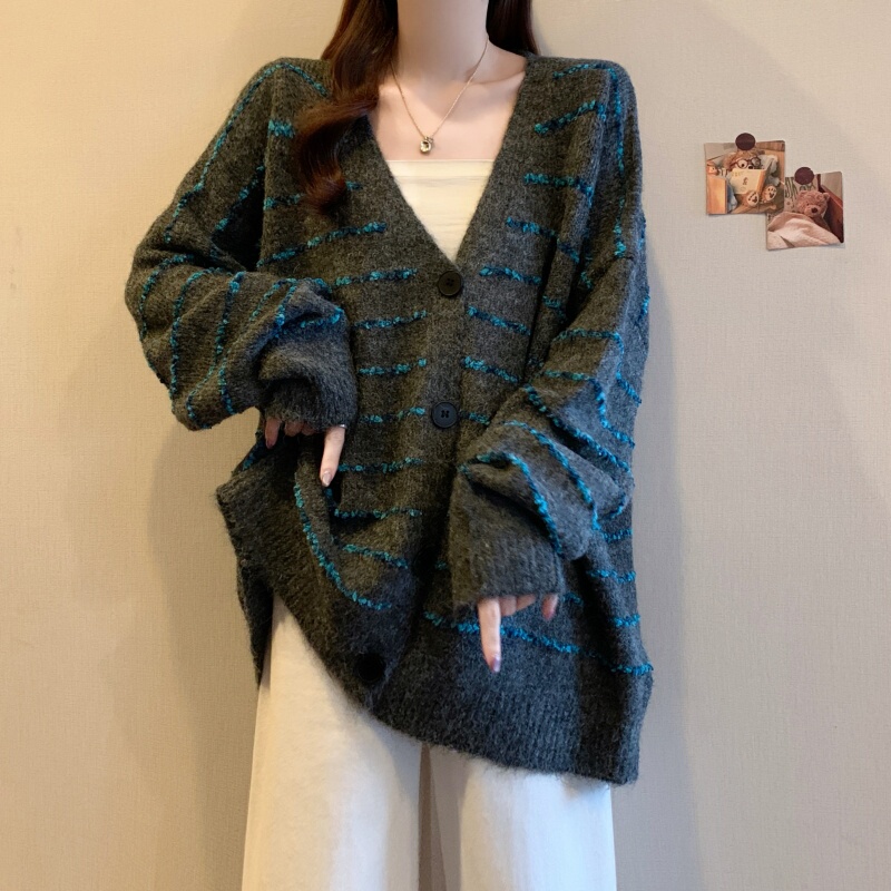 宽松慵懒咖色条纹长袖毛衣外套秋季2025新款大码女装胖MM针织上衣|undefined
