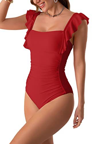 2023 Traje de baño de una pieza fruncido con volantes, espalda descubierta y efecto adelgazante para mujer de Amazon.